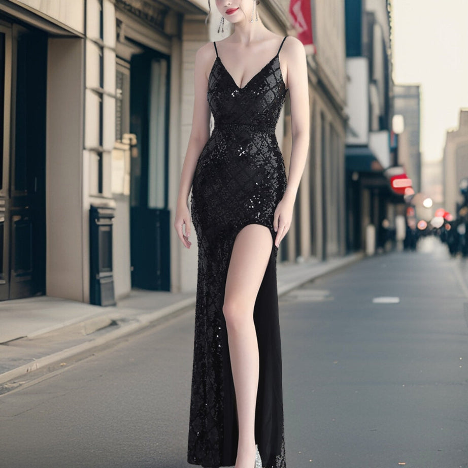 Harmony - Luxueuse robe de soirée à paillettes avec fente latérale