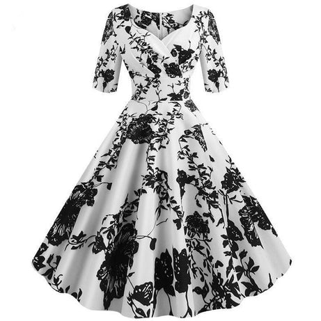 Robe vintage Noire et Blanche Fleurie