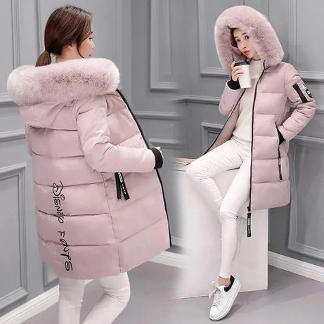 Hooded down jacket with large fur collar for women