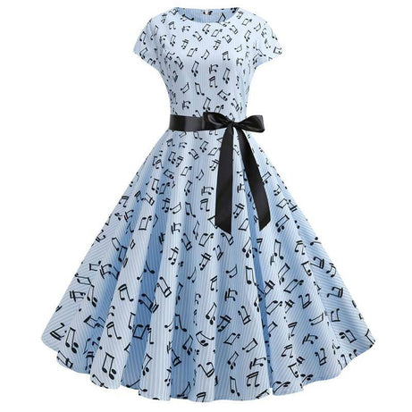 Vintage Blue Dress with Musical Patterns 