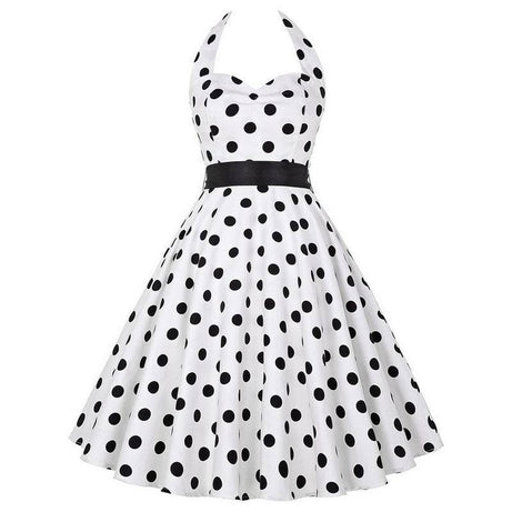 Robe vintage Blanche à Pois Noirs à Col Licou