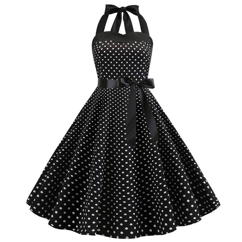 Vintage Black Dress with White Polka Dots &amp; Halter Neck