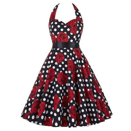 Schwarzes Vintage-Kleid mit weißen Polka Dots und roten Blumen