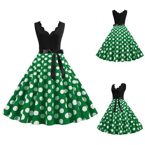 Vintage grünes Rockabilly-Kleid mit weißen Polka Dots