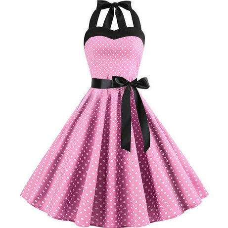 Vintage Pink White Polka Dot Halter Neck Dress