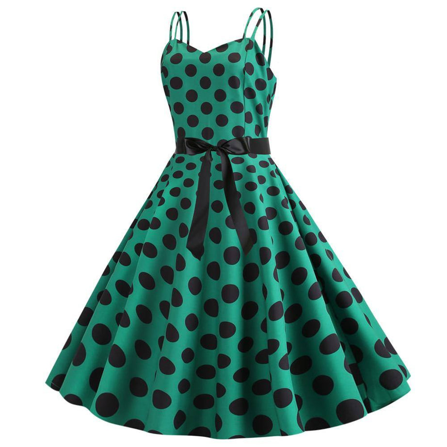 Grünes Vintage-Kleid mit schwarzen Polka Dots