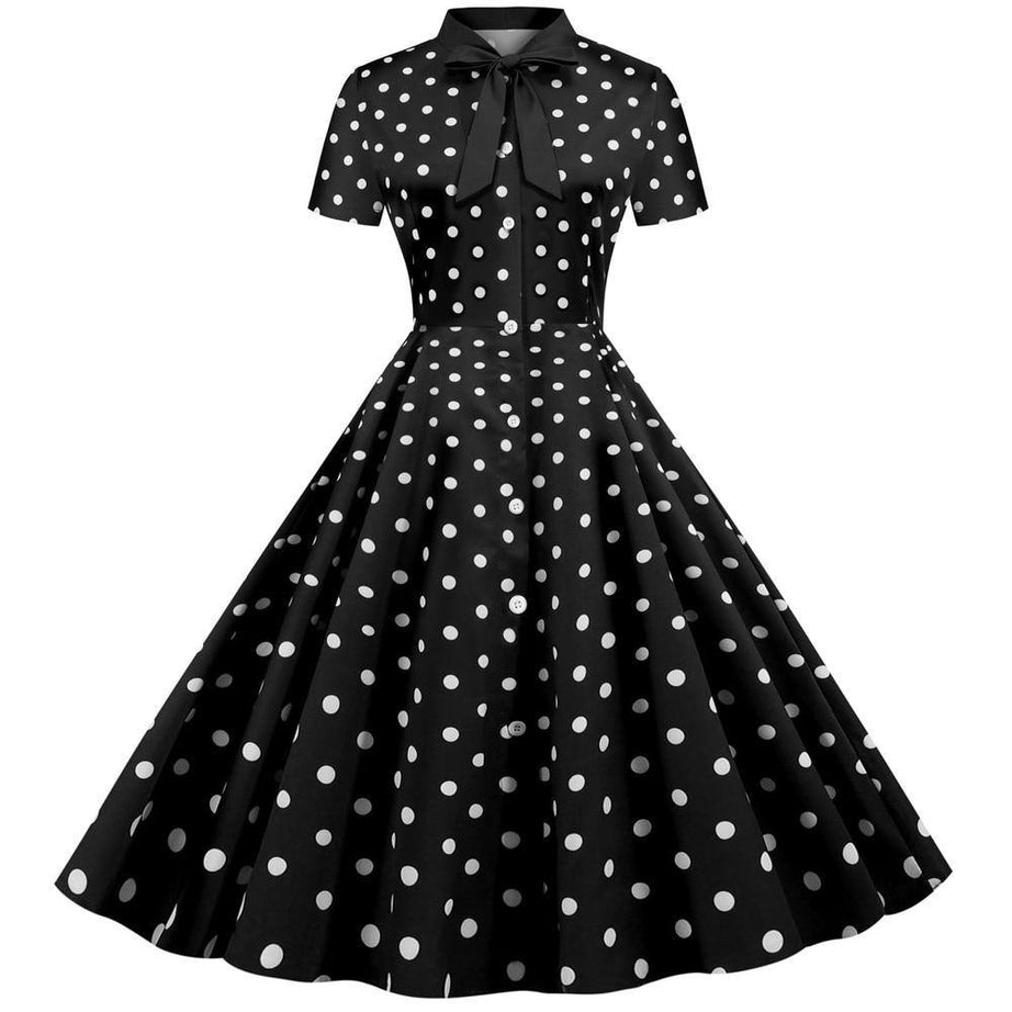 Vintage Black Dress with White Polka Dots Retro 50's