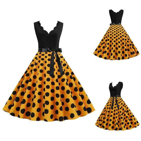 Robe Vintage Jaune à Pois Noirs de Soirée Rétro