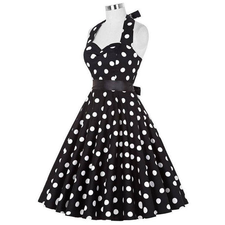 Vintage Black White Polka Dot Halter Neck Dress