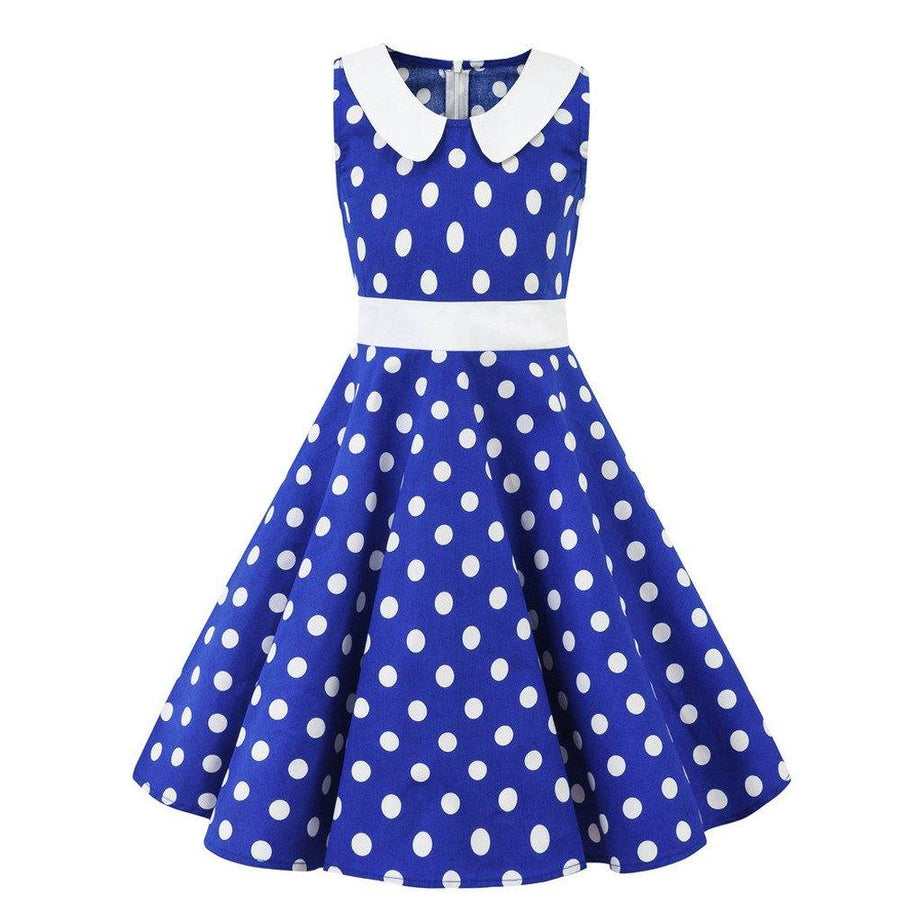 Blaues Vintage-Mädchenkleid mit weißen Polka Dots Rockabilly