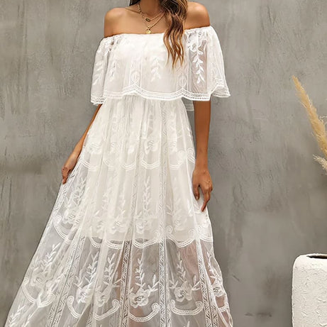 Weißes Bohemian-Kleid mit Bardot-Kragen – Solange