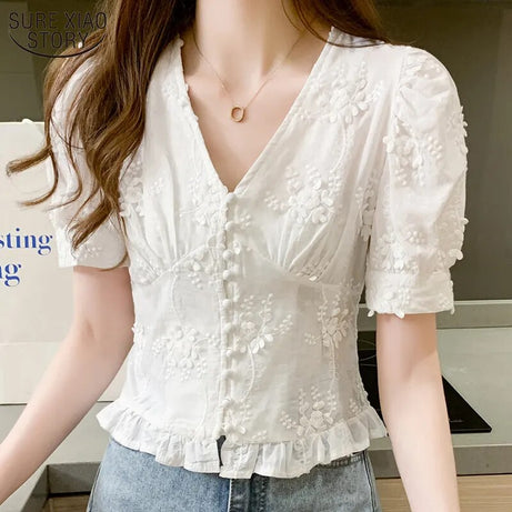 Women's Short Puff Sleeve V-Neck Embroidered Shirt