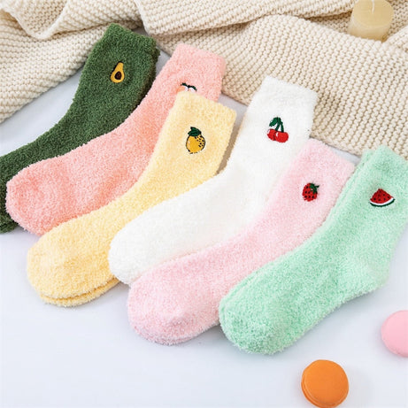 Warm and fluffy women's socks with decorative fruit embroidery Anna