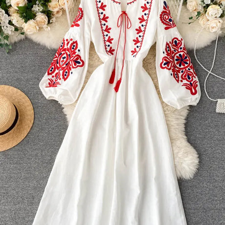 Shally Women's Floral Embroidered Pleated Bohemian Dress