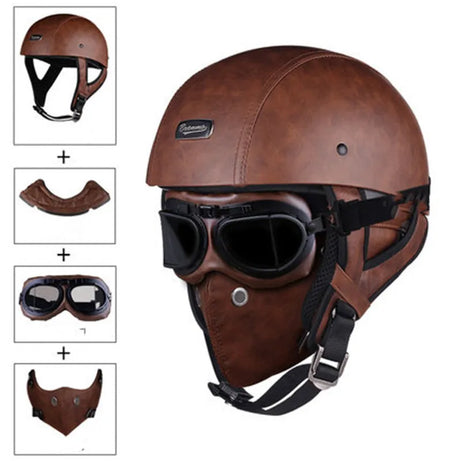 Vintage Half Face Motorcycle Helmet Brown Silvo