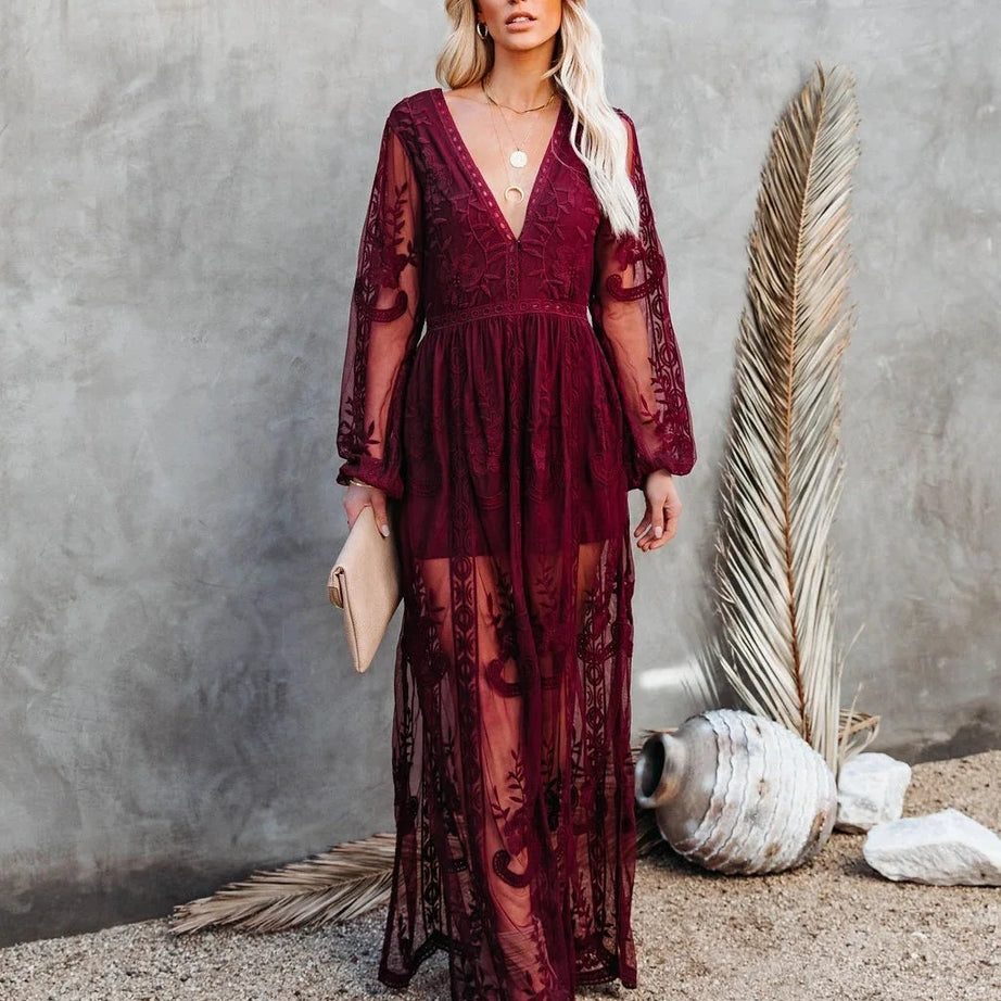 Long red bohemian lace dress with long sleeves