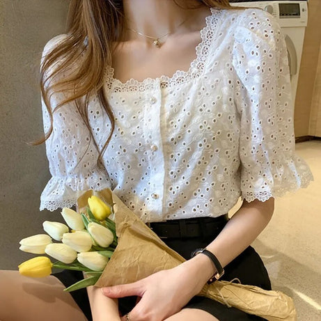 White Short Sleeve Blouse for Women