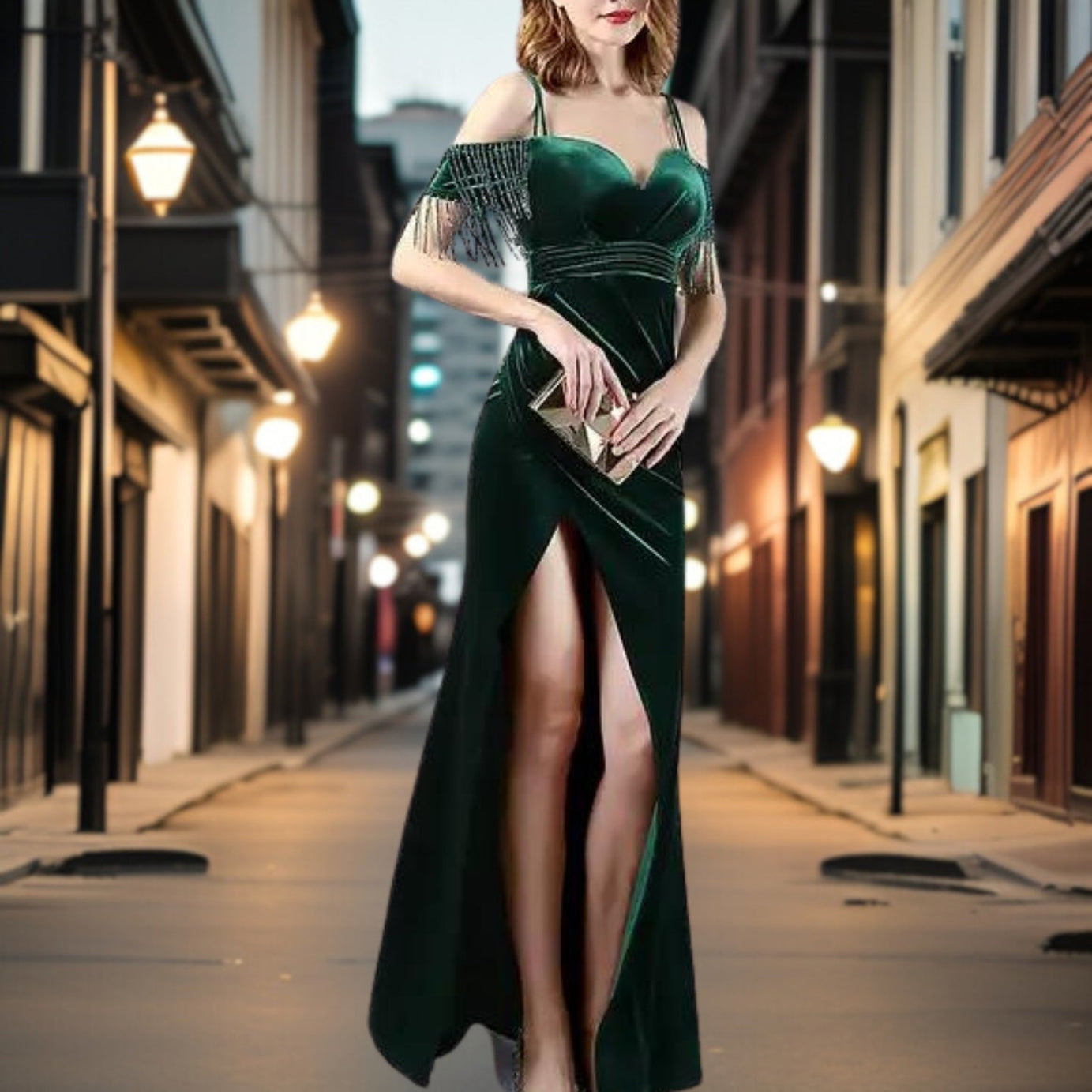 Paola - Elegant velvet and rhinestone evening dress