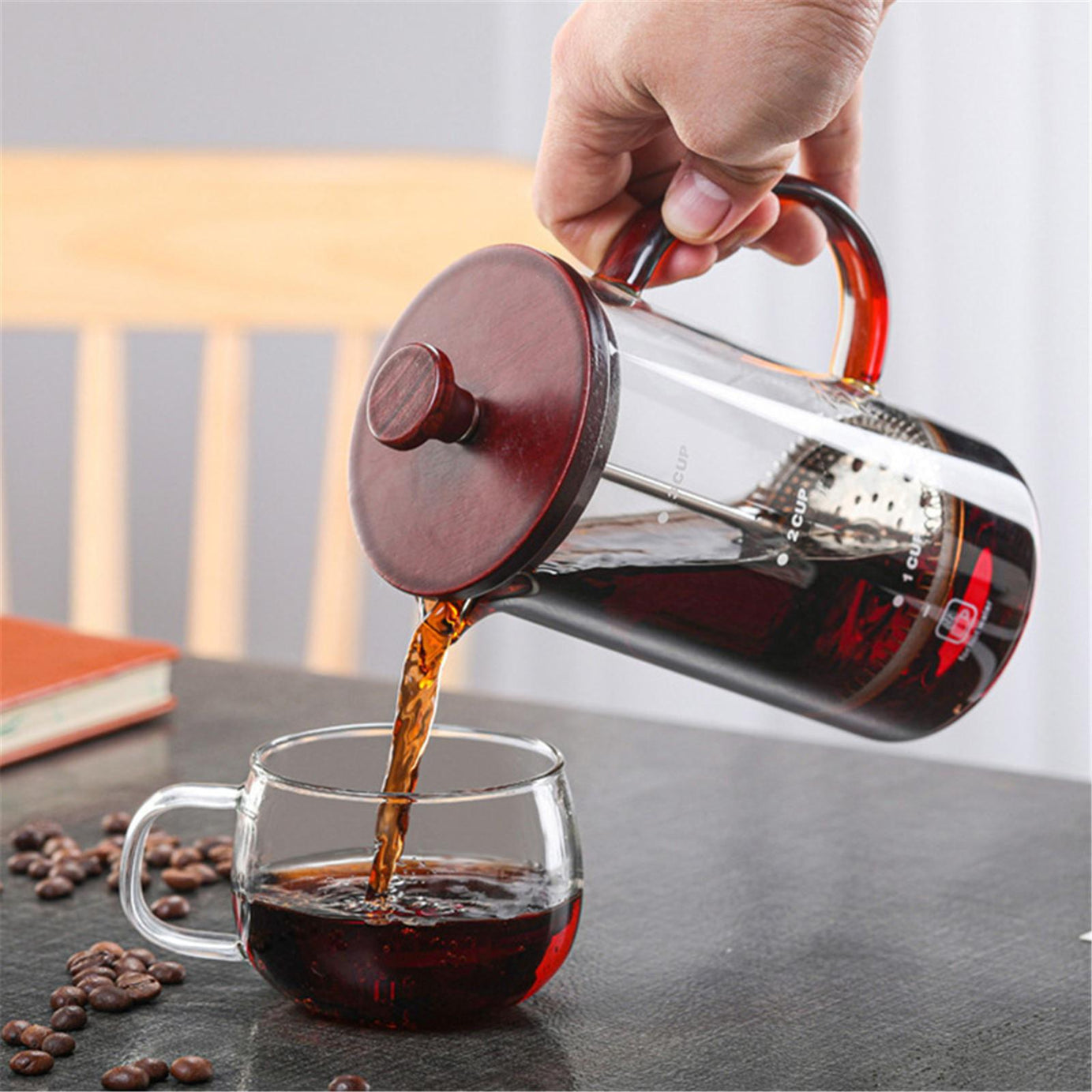 French press coffee maker with red wooden lid 400/800 ml