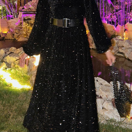 Natash - Robe de soirée à paillettes à manches longues et col rond