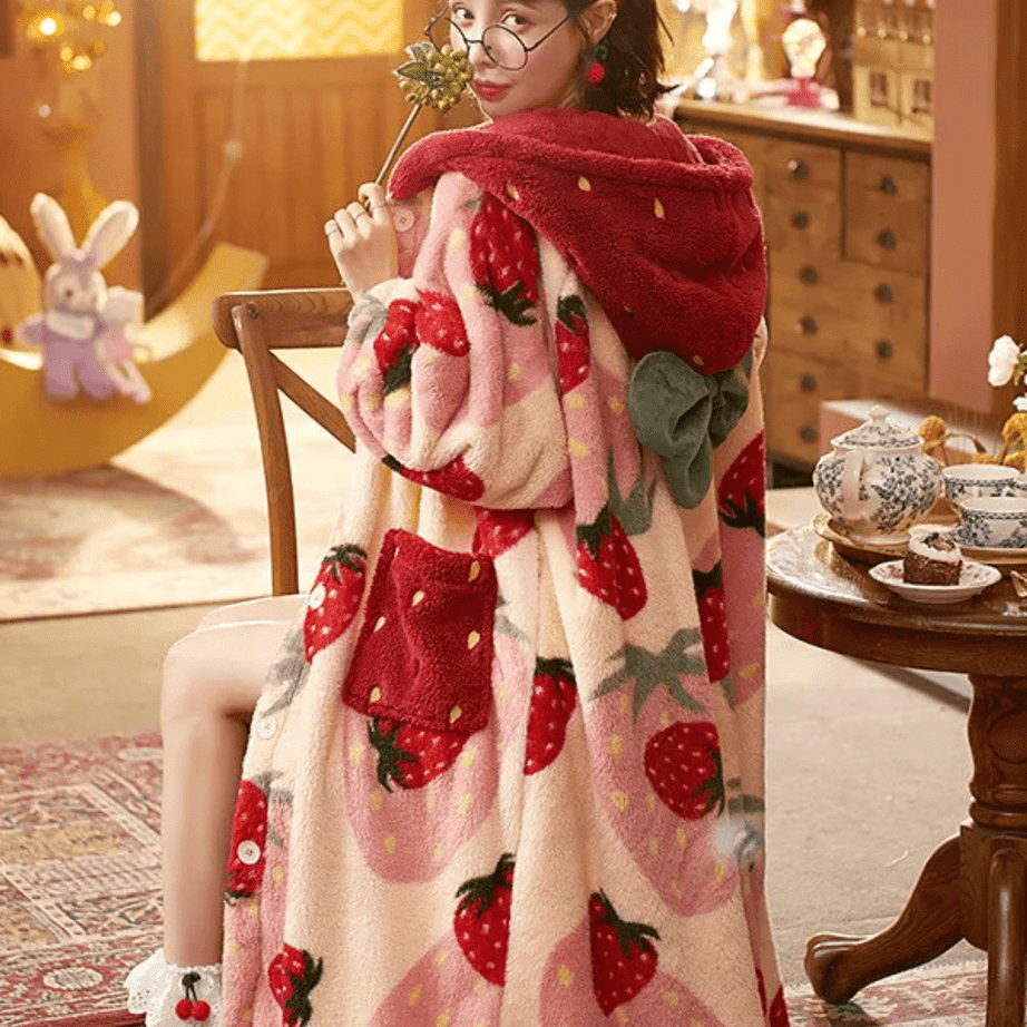 Women's Fleece Bathrobe with Strawberry Pattern