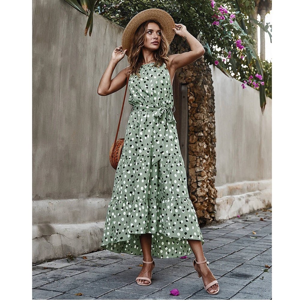 Robe Longue Boheme De Plage Pois Vert