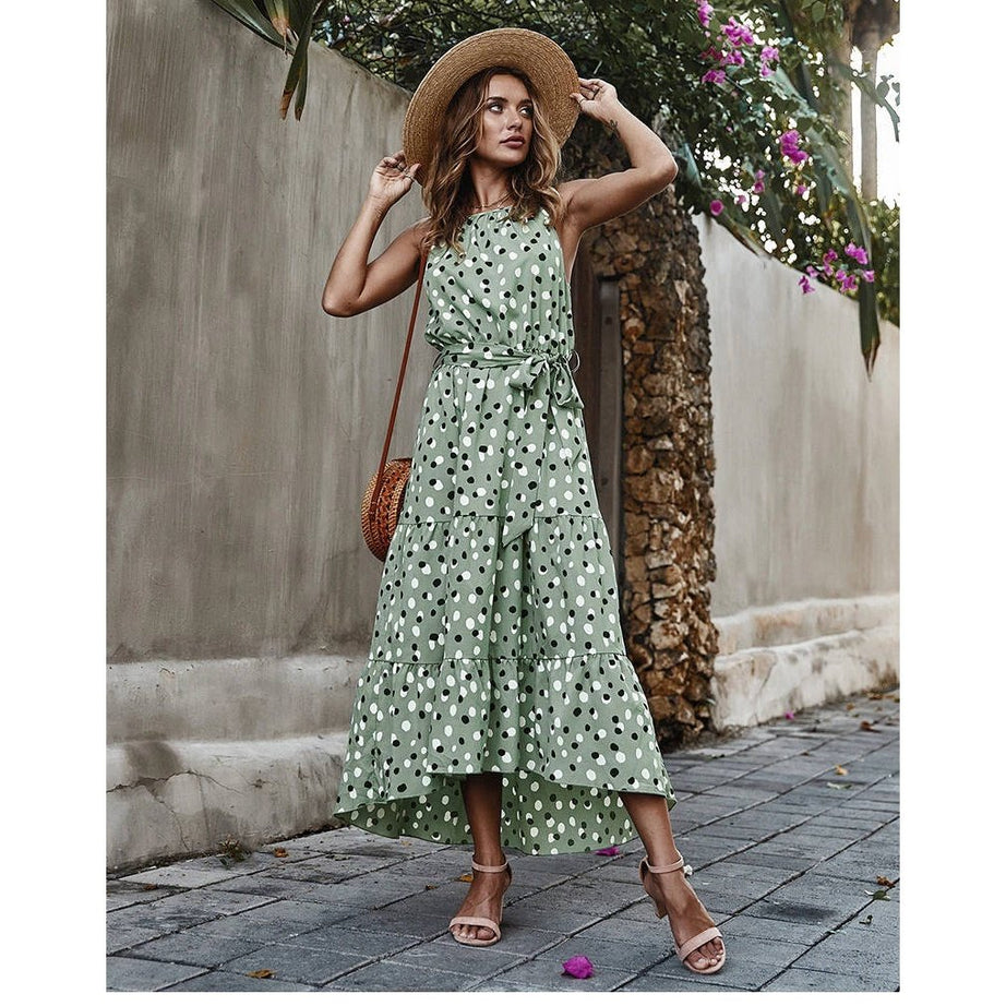 Green Polka Dot Bohemian Beach Long Dress