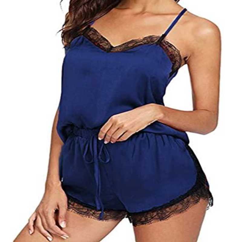 Pyjama femme en satin avec dentelle - Noir