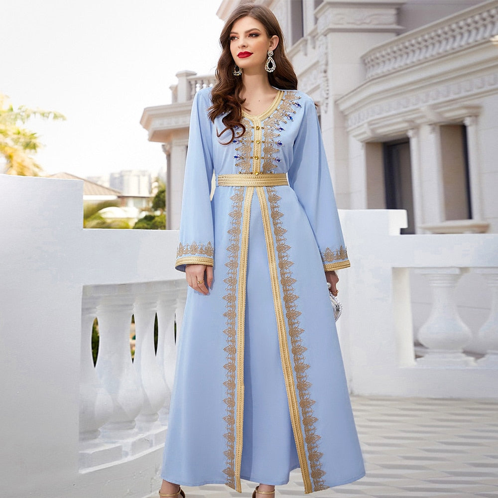 Handmade light blue Moroccan kaftan with belt - Lumière d'Orient